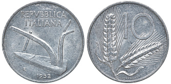 Италия 10 лир 1952 R, плуг KM 93 алюминий 4163-355