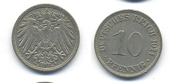 ГЕРМАНИЯ 10 ПФЕННИГОВ 1911 A KM 12, J. 13 медно-никель 58-346