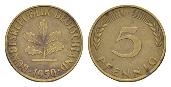 ФРГ 5 пфеннигов 1950 G KM 107, J. 382 сталь плакированная латунью 4630-1244