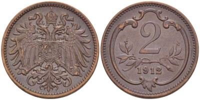АВСТРИЯ 2 ГЕЛЛЕРА 1912 ФРАНЦ ИОСИФ (1846-1918) KM 2801 бронза 201-338