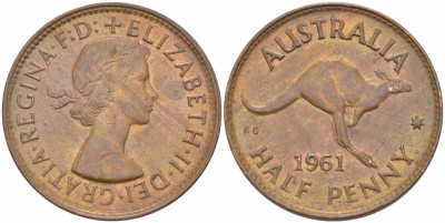 Австралия 1/2 пенни 1961 p, Елизавета II (1952-2022), кенгуру KM 61 бронза 60-1324