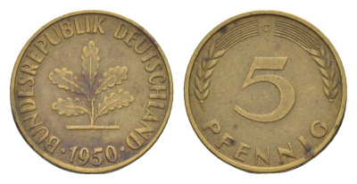 ФРГ 5 пфеннигов 1950 G KM 107, J. 382 сталь плакированная латунью 4630-1244