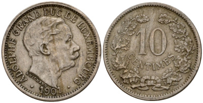 Люксембург 10 сантимов 1901 Адольф (1890-1905) KM 25 медно-никель 4602-433