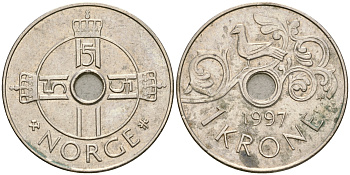 Норвегия 1 крона 1997 Харальд V (1992- ) KM 462 медно-никель 4364-2737