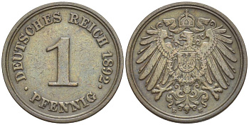 ГЕРМАНИЯ 1 ПФЕННИГ 1892 E KM 10, Jager. 10, Weege 2 медь 4528-1124