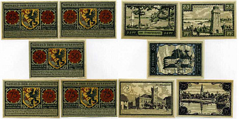 НОЙШТЕТТИН НАБОР ИЗ 5 БАНКНОТ, 25, 25, 50, 75, 75 ПФЕННИГОВ 1921 НОТГЕЛЬД, 15 НОЯБРЯ 1921 - 1 ОКТЯБРЯ 1922 (bis 1 ИЮЛЯ 1923) Grabowski 968.1 бумага 7547-88-4-3