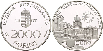 Венгрия 2000 форинтов 1997 интеграция в европейский союз, королевский дворец в Будапеште KM 724 серебро PROOF 1088-9-52