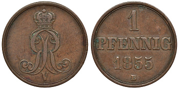 Ганновер 1 пфенниг 1855 B, Георг V KM 221, AKS 155, J. 83 медь 4594-433