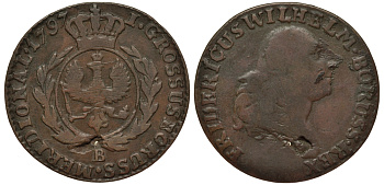 Польша, Южная Пруссия 1 грош 1797 В, Фридрих Вильгельм II Прусский (1786-1797), монетный двор Бреслау KM 3 медь 1516-1035