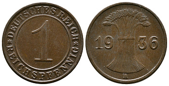 Германия 1 рейхспфенниг 1936 A KM 37, J. 313 бронза 220-139