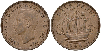 Великобритания 1/2 пенни 1945 Георг VI (1936-1952) KM 844, Spink 4115 бронза 4146-236