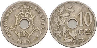 БЕЛЬГИЯ 10 САНТИМОВ 1904 BELGIE KM 53 медно-никель 4546-134