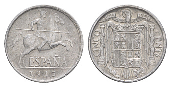 Испания 5 сентимо 1945 рыцарь на коне, Франсиско Франко (1939-1975) KM 765 алюминий 4623-632