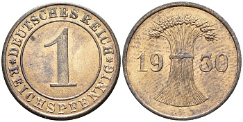 ГЕРМАНИЯ 1 РЕЙХСПФЕННИГ 1930 A KM 37, J. 313, Weege 2 бронза 4547-146