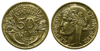 Французская Западная Африка 50 сантимов 1944 редкая KM 1, Lec 1 алюминиевая бронза aUNC 4381-943