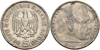 Германия 5 рейхсмарок 1936 А, Пауль фон Гинденбург (1847-1934) KM 86, J. 360 серебро    4149-513