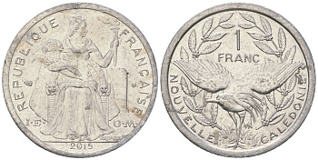 Французская Новая Каледония 1 франк 2015 птица кагу, (IEOM) KM 10, Schoen 10 алюминий 33-734