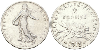 Франция 2 франка 1913 редкий год, тираж 500.000 экземпляров KM 845 серебро 4044-434