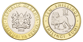 Кения 10 шиллингов 2018 лев KM 47 биметалл  UNC  M71-09