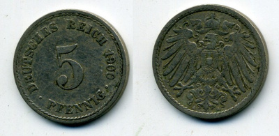 ГЕРМАНИЯ 5 ПФЕННИГОВ 1900 A, KM 11, J. 12 медно-никель 58-1147