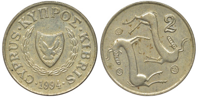 Кипр 2 цента 1994 KM 54.3 никель латунь 4122-353