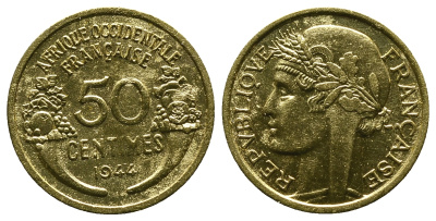 Французская Западная Африка 50 сантимов 1944 редкая KM 1, Lec 1 алюминиевая бронза aUNC 4381-943