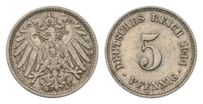 Германия 5 пфеннигов 1914 A KM 11, J. 12 медно-никель 4696-652