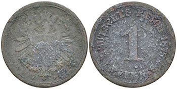 ГЕРМАНИЯ 1 ПФЕННИГ 1875 F, СТАРОГЕРБОВКА KM 1, J. 1, Weege 1 медь 211-612