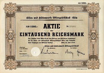 Германия 1000 рейхсмарок 1940 Акционерное общество металлургических и металлургических заводов, Кельн, акция   бумага   8803-60-1