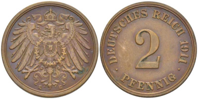 ГЕРМАНИЯ 2 ПФЕННИГА 1911 E KM 16, J. 11, Weege 4 медь 206-566