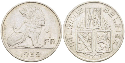 Бельгия 1 франк 1939 Леопольд III (1934-1950), Belgique-Belgie, лев KM 119 никель 210-1057