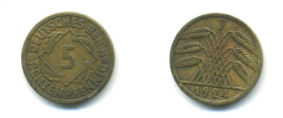 ГЕРМАНИЯ 5 РЕНТПФЕННИГОВ 1924 J J. 308, KM 32 алюминиевая бронза 76-716
