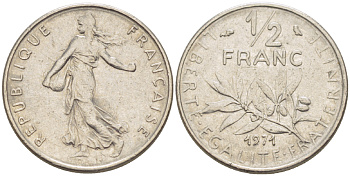 ФРАНЦИЯ 1/2 ФРАНКА 1971 СЕЯТЕЛЬ KM 931.1, LE FRANC 198.10 никель 75-1649