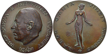 РУМЫНИЯ МЕДАЛЬ 1967 ПРОФЕССОР JORMA K. MIETTINEN, МЕДАЛЬЕР REMENYI, ДИАМЕТР 88 ММ. бронза 3-5-2-11