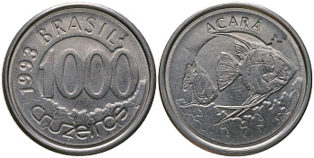 Бразилия 1000 крузейро 1993 KM 626, Schon 134 нержавеющая сталь 4576-314