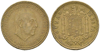 Испания 1 песета 1966 (74) Франсиско Франко (1939-1975) KM 796 алюминиевая бронза 4618-519
