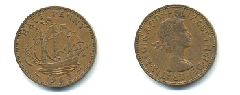 Великобритания 1/2 пенни 1960 Елизавета II (1952-2022) KM 896, Spink 4158 бронза 59-1121