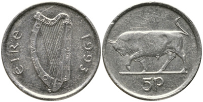 ИРЛАНДИЯ 5 ПЕНСОВ 1993 БЫК KM 28 медно-никель 100-515