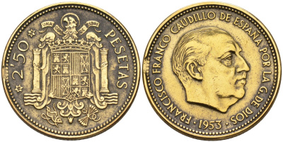 Испания 2,5 песеты 1953 (54) Франциско Франко (1939-1975) KM 785 алюминиевая бронза 4583-933