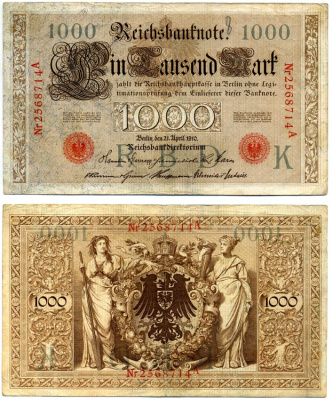 Германия 1000 марок 1910 21 апреля 1910, красная печать, номер семизначный, серия A, буква К, выпуск СЕНТЯБРЬ - ДЕКАБРЬ 1917 Pick 44, Роземберг 45b бумага VF- 2194-23-1-2
