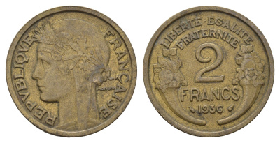Франция 2 франка 1936 KM 886, Le Franc 268.9 алюминиевая бронза 4121-323
