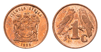 ЮАР 1 цент 1998 герб, капские воробьи KM 170 сталь плакированная медью UNC 4694-226