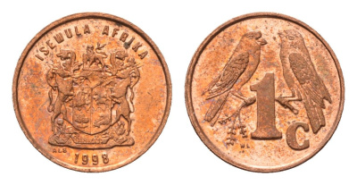 ЮАР 1 цент 1998 герб, капские воробьи KM 170 сталь плакированная медью UNC 4694-226