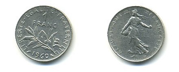 ФРАНЦИЯ 1 ФРАНК 1960 СЕЯТЕЛЬ KM 925.1, LE FRANC 226.4 никель 54-1724