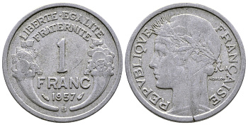 ФРАНЦИЯ 1 ФРАНК 1957 В KM 885а.2 алюминий 80-1223