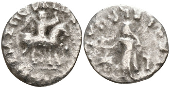 Индо-Скифское царство драхма 58-12 гг. до н.э. Азес, царь верхом на коне, легенда на греческом и на языке харошти/Зевс, держащий Нику и Скипетр, легенда на языке харошти - ВЕЛИКИЙ ЦАРЬ, ЦАРЬ ЦАРЕЙ, АЗЕС ВЕЛИКИЙ Senior 105 серебро 1073-19-102