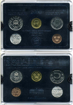 Швеция набор из 4 монет + серебрянная медаль 2000 миллениум, в пластике, сертификат KM MS 106 UNC 4-4-1-32