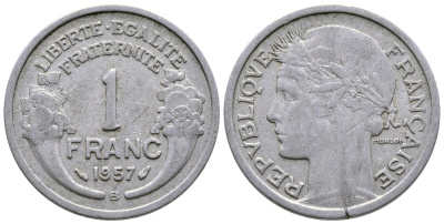 ФРАНЦИЯ 1 ФРАНК 1957 В KM 885а.2 алюминий 80-1223