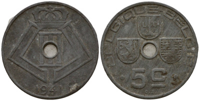 Бельгия 5 сантимов 1941 Belgique - Belgie KM 123 цинк 4602-145