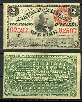 Королевство Италия 2 лиры 1868 Banca Nazionale nel Regno d'Italia Pick S 732 бумага    451-701-1-2